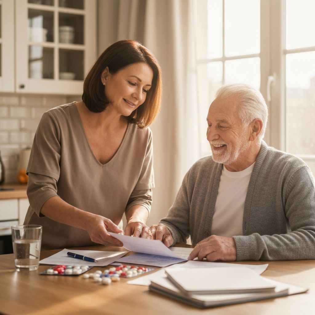 Caregiver helping elderly person while holding documents